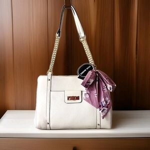 Shayla Steve Madden White Tote Purse Gold Chain Strap Bag